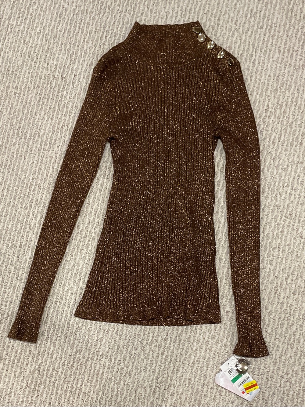 Metallic Brown Ribbed Mock Neck Sweater with Shoulder Buttons